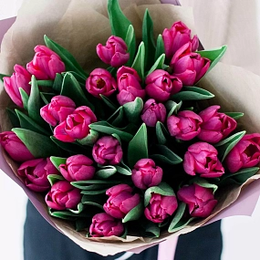 Букет из 25 малиновых тюльпанов в сиреневой пленке
