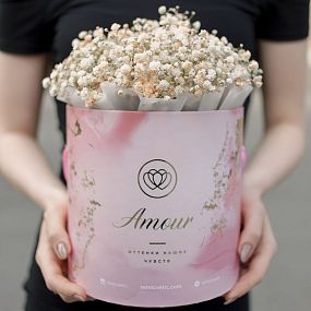 Монобукет  в розовой шляпной коробке Amour Mini из 7 бежевых гипсофил