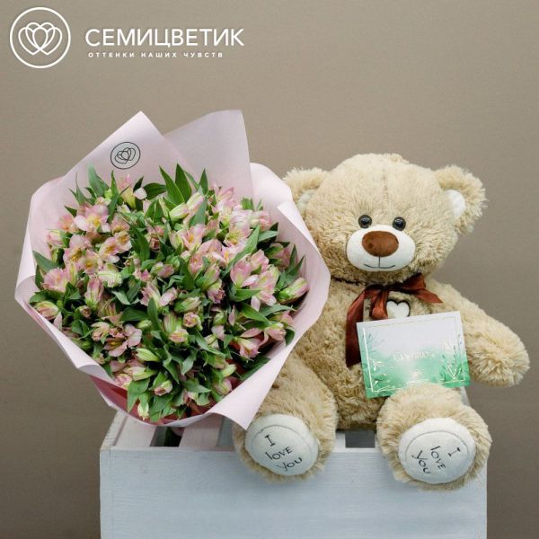 Набор №24: Букет из 25 альстромерий в розовых тонах с медведем и открыткой