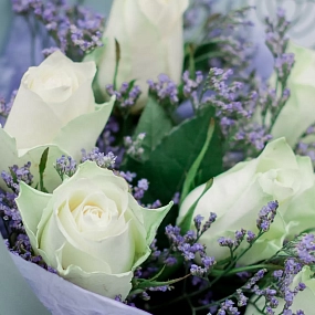 Букет из 7 белых роз 40 см (Кения) с лимониумом в голубой пленке