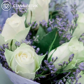 Букет из 7 белых роз 40 см (Кения) с лимониумом в голубой пленке