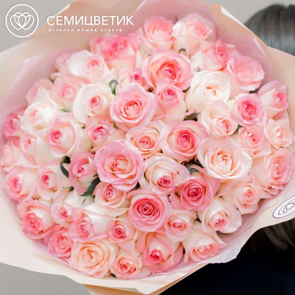 Букет из 51 белой с розовой каймой розы Джамалия 35-40 см (Россия)