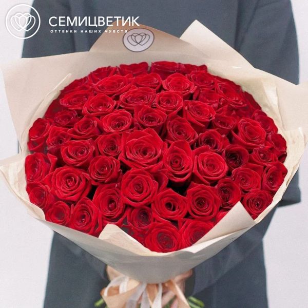 Букет из 51 красной розы 50 см (Россия) в кремовой пленке