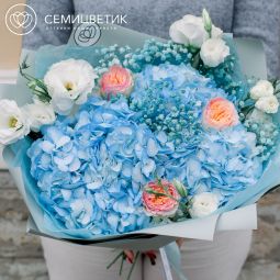 Букет из 3 голубых гортензий, 3 пионовидных роз, 5 белых лизиантусов и голубой гипсофилы в упаковке