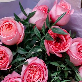 Букет из 11 розовых пионовидных роз Pink Expression 50 см с фисташкой