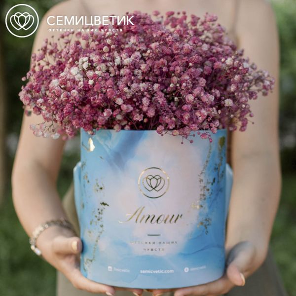 Букет в голубой шляпной коробке Amour Mini из 9 малиновых гипсофил