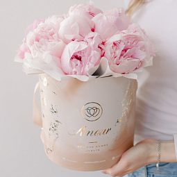 Букет в бежевой шляпной коробке Amour Mini из 15 розовых пионов Premium