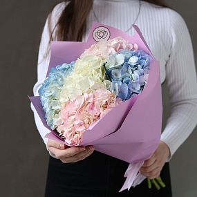 Букет из 5 гортензий нежный микс в сиреневой пленке