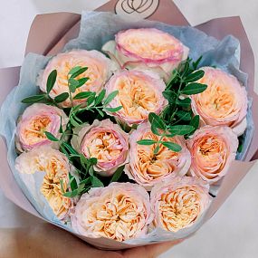 Букет из 11 персиковых пионовидных роз Flash Back 40 см с фисташкой в сиреневой пленке