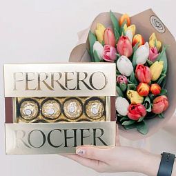 25 тюльпанов микс в кремовой пленке + Конфеты Ferrero Rocher 125 гр.