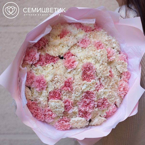 Букет из 101 розовой, белой и кремовой гвоздики в розовой пленке