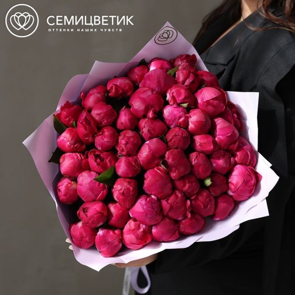 Букет из 51 ярко-розового пиона Red Sarah Bernhardt Premium