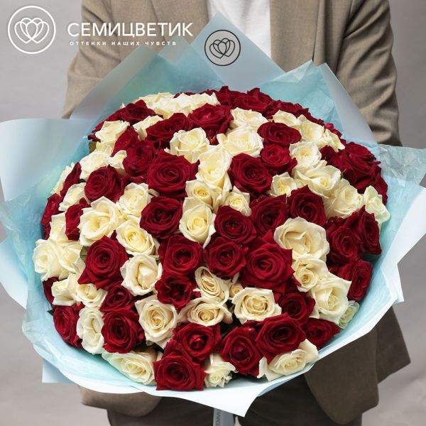Букет из 101 красной и белой розы 35-40 см (Россия)