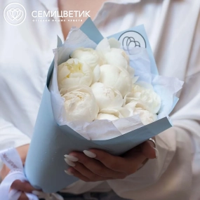 Букет из 9 белых пионов Standart Plus в голубой пленке