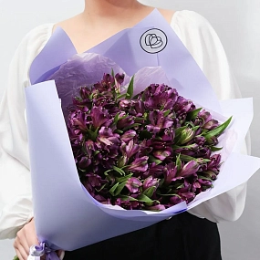 Монобукет  из 25 альстромерий в фиолетовых тонах в сиреневой пленке