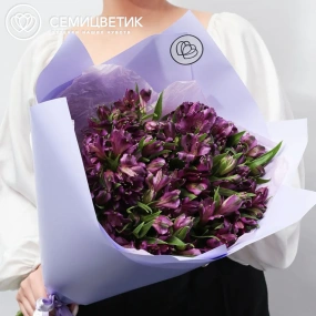 Букет из 25 альстромерий в фиолетовых тонах в сиреневой пленке