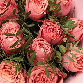 Букет из 11 кораллово-розовых пионовидных роз Wild Love 40 см с фисташкой в розовой пленке
