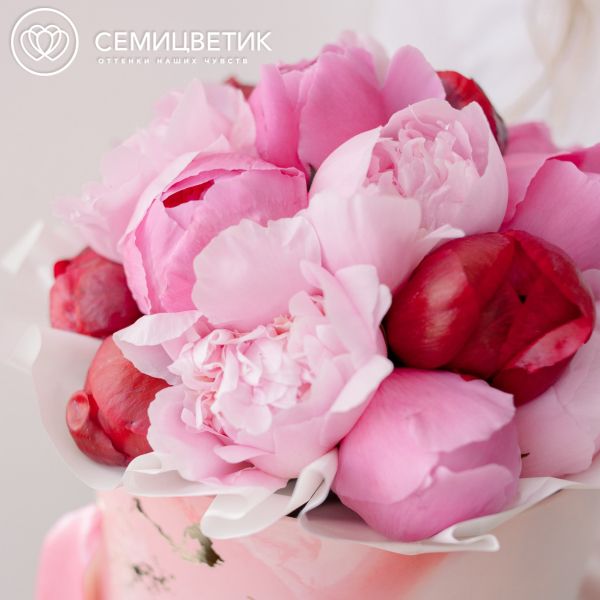 Букет в розовой шляпной коробке Amour Mini из 21 пиона микс Standart Plus