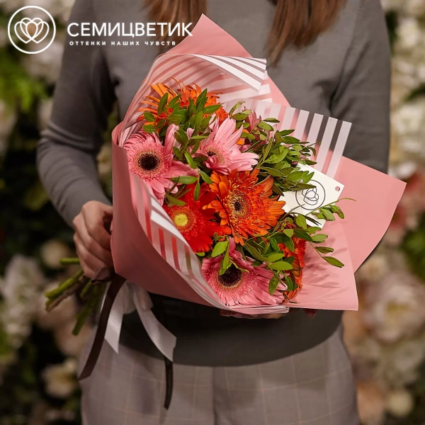 Букет из 9 гербер микс с фисташкой в розовой пленке