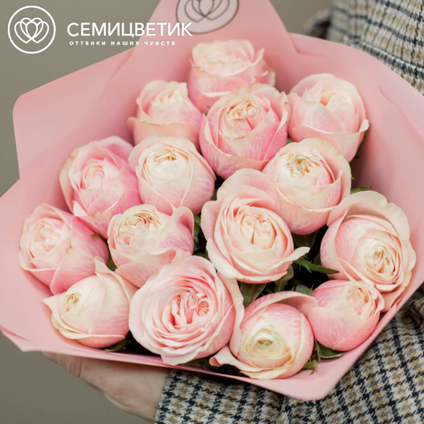 Букет из 15 нежно-розовых пионовидных роз Swan Grace 40 см в розовой пленке