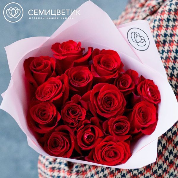 Букет из 15 красных роз 50-60 см (Эквадор) в розовой пленке