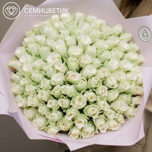 Букет из 101 белой розы 40 см (Кения) в розовой пленке