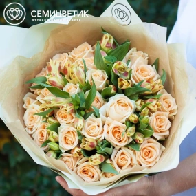 Букет из 26 кремовых роз 35-40 см (Россия) и 7 оранжевая альстромерий в зеленой пленке