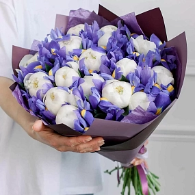 Букет из 15 белых пионов Premium и 26 синих ирисов в сиреневой пленке