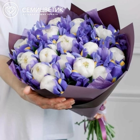 Букет из 15 белых пионов Premium и 26 синих ирисов в сиреневой пленке