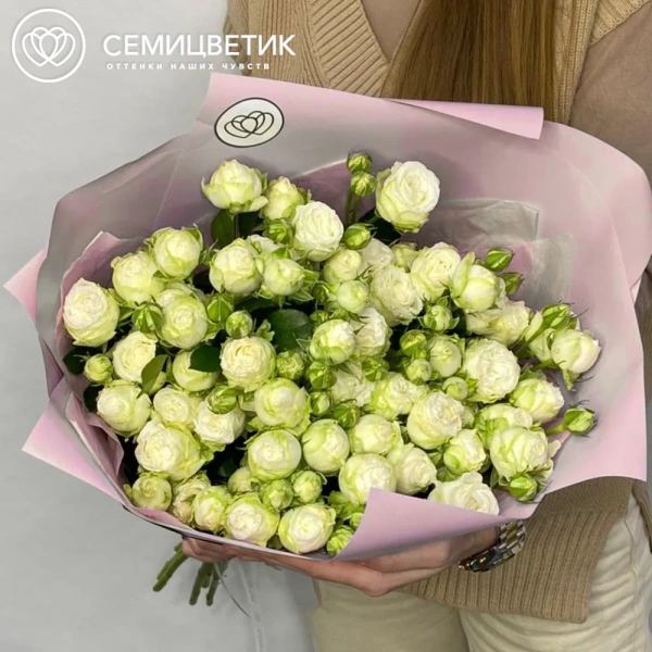 Букет из 11 белых кустовых пионовидных роз 70 см (Россия) в сиреневой пленке