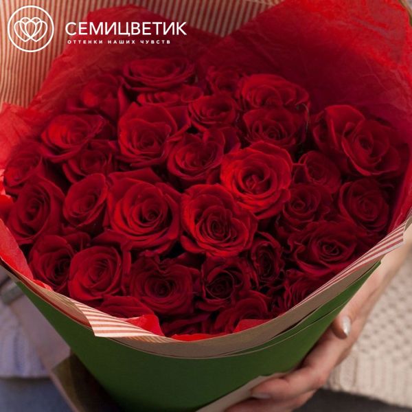Букет из 35 красных с темной каймой роз Магия 40 см (Россия)
