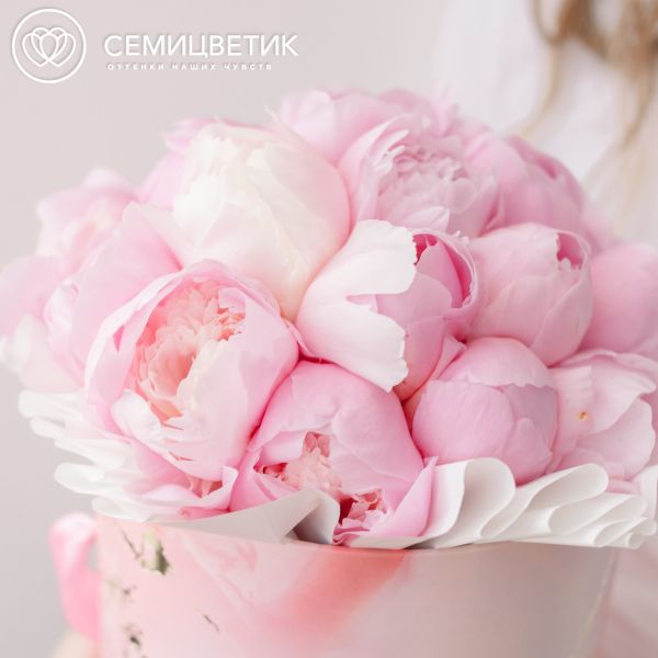 Букет в розовой шляпной коробке Amour Mini из 21 розового пиона Standart Plus