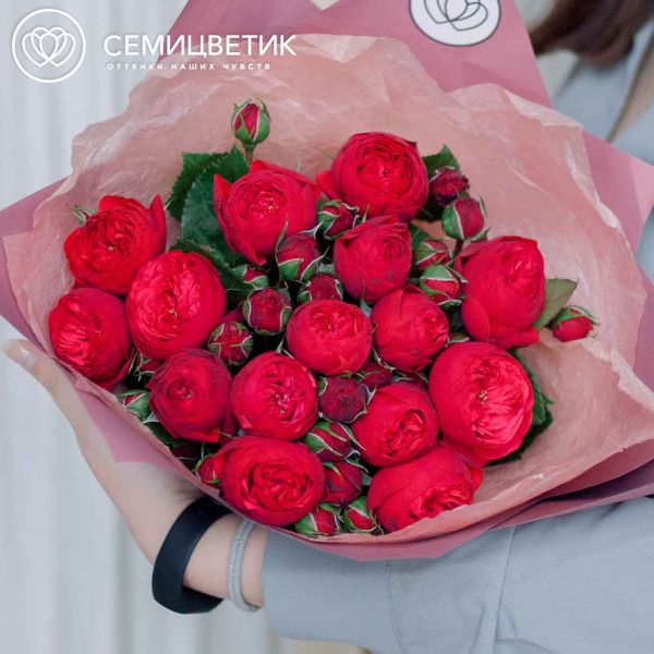 Букет из 15 красных кустовых пионовидных роз Red Piano 40 см