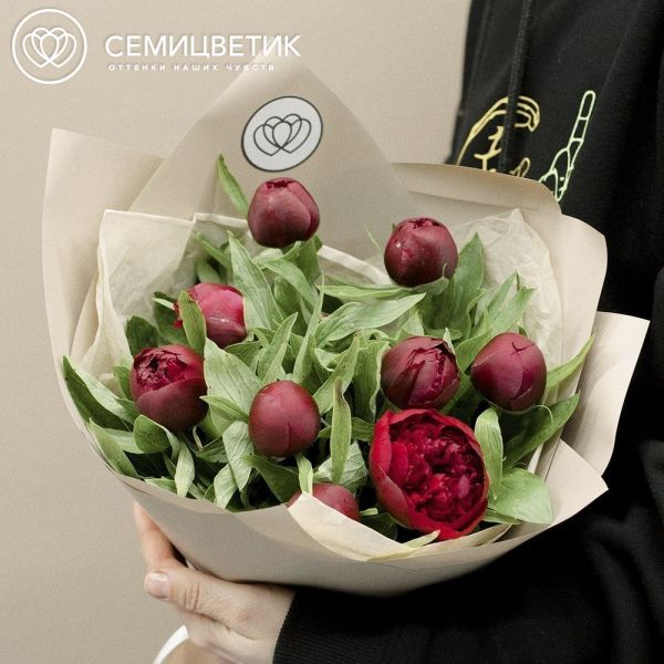 Букет из 9 бордовых пионов Standart в кремовой пленке