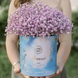 Букет в голубой шляпной коробке Amour Mini из 9 розовых гипсофил