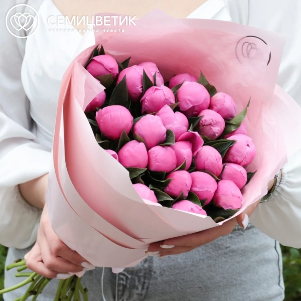 Букет из 25 ярко-розовых пионов Standart в бордовой пленке