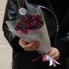 Букет из 15 темно-бордовых пионовидных тюльпанов