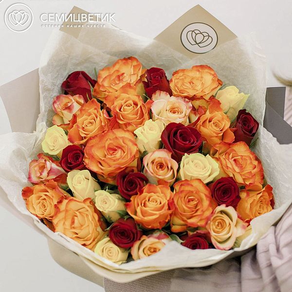 35 роз микс в ярких тонах (Кения) 40 см Premium