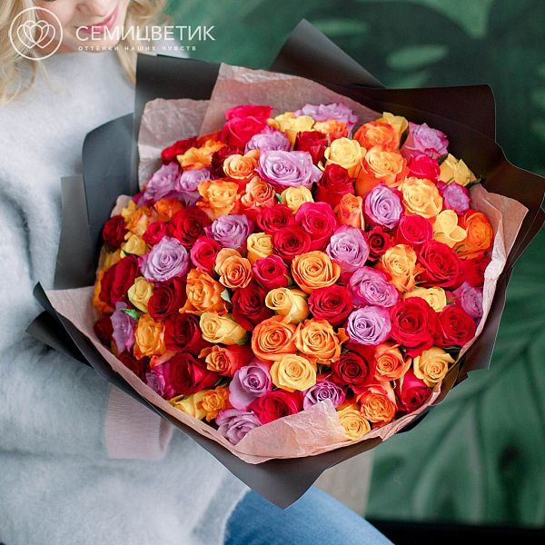 101 роза микс в ярких тонах (Кения) 40 см Premium