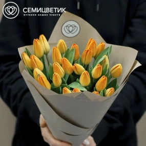 Букет из 25 оранжевых тюльпанов в зеленой пленке