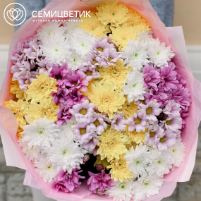 Букет из 15 кустовых хризантем микс в розовой пленке