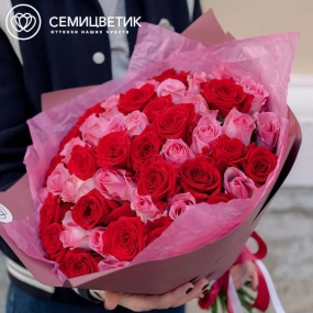Букет из 51 красной и розовой розы 35-40 см (Россия) в розовой пленке