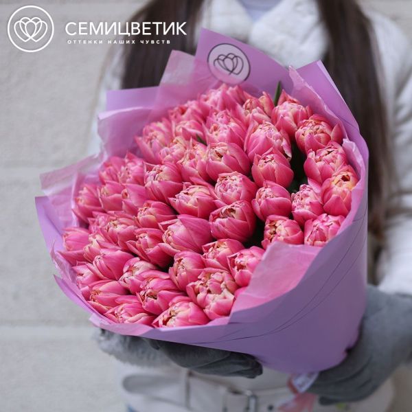 Букет из 51 розового пионовидного тюльпана в сиреневой пленке