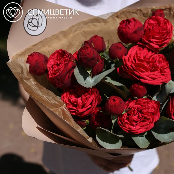 Букет из 9 красных кустовых пионовидных роз Red Piano 40 см с эвкалиптом