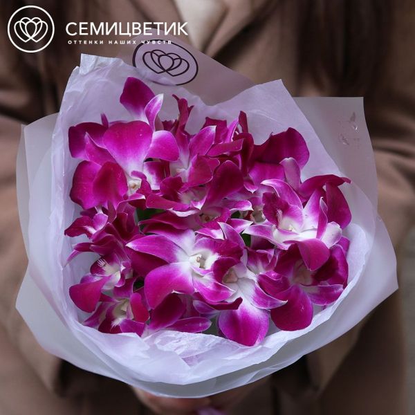 Букет из 25 фиолетовых орхидей в прозрачной пленке