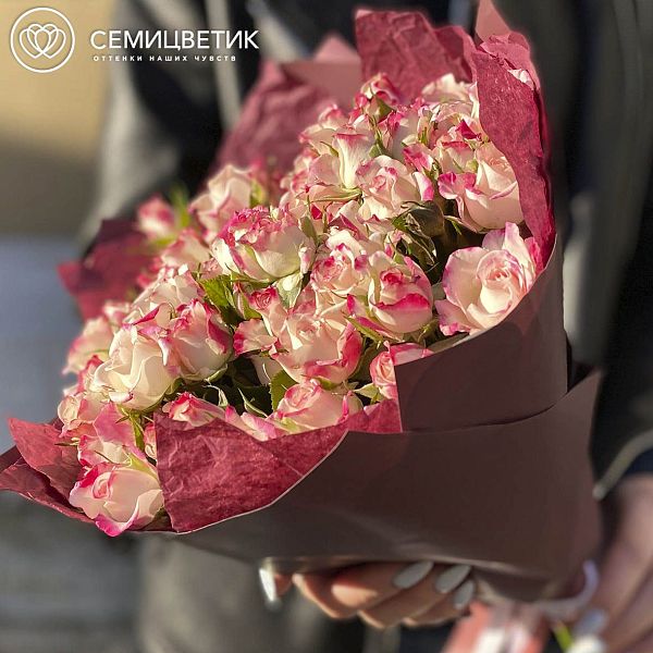 Букет из 15 белых с розовой каймой кустовых роз 40 см (Кения)
