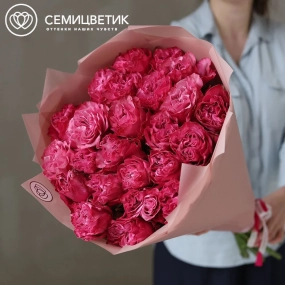 Букет из 25 сиреневых пионовидных роз Queen Crown 50 см (Эквадор) в розовой пленке