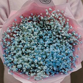 Букет из 7 голубых гипсофил в голубой пленке