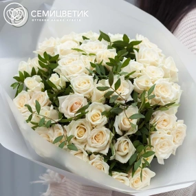 Букет из 51 белой розы 35-40 см (Россия) с фисташкой в прозрачной пленке