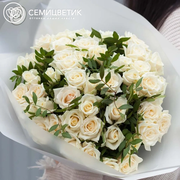 Букет из 51 белой розы 35-40 см (Россия) с фисташкой в прозрачной пленке